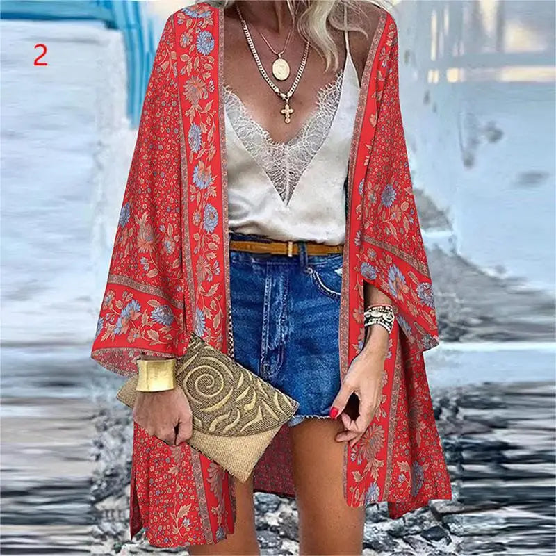 WeHello 2023 Summer Bohemian Casual Cloak Cardigan for Swimsuit woman Beach Swimwear Tops Long Sleeved Shawl Chiffon Shirt - Sun Studio