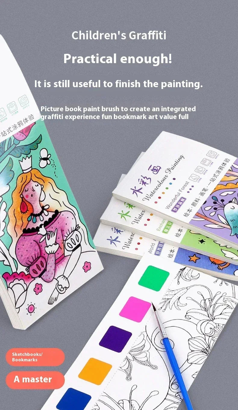 1PC Children's Watercolor Coloring Book Kids Adult Watercolour Coloring Paper With Water Paint Pens Girls Student Birthday Gift - Sun Studio