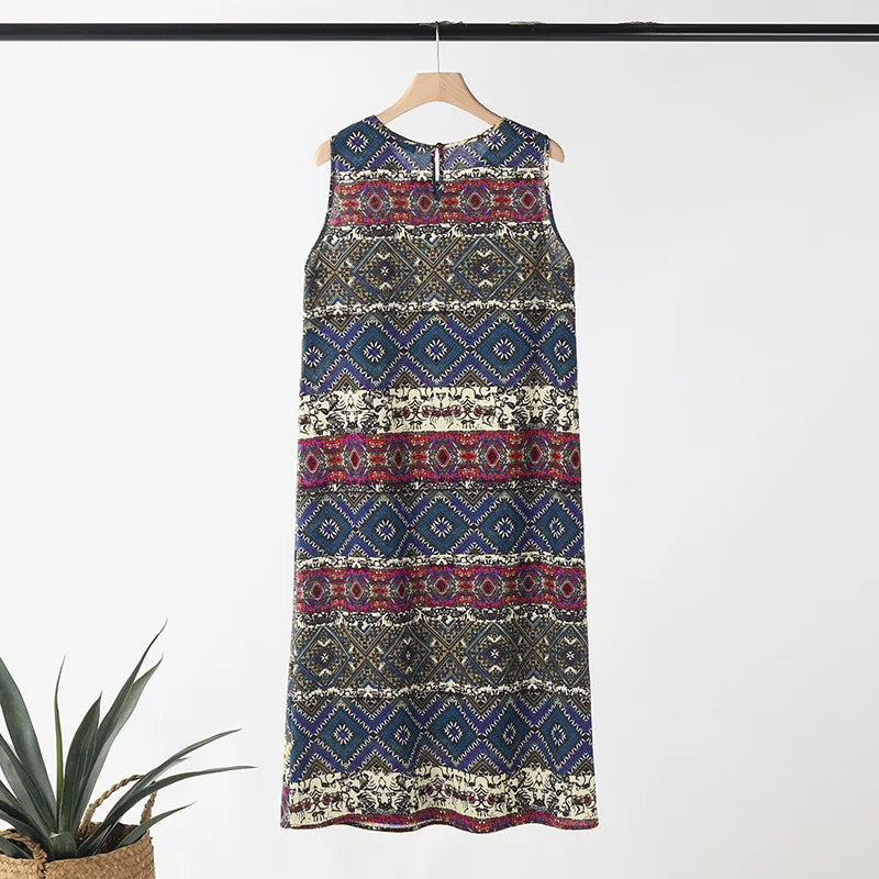 Women Bohemain Sleeveless Sundress ZANZEA Summer Printed Dress Vintage Beach Holiday Vestidos Casual O Neck Baggy Midi Dresses - Sun Studio