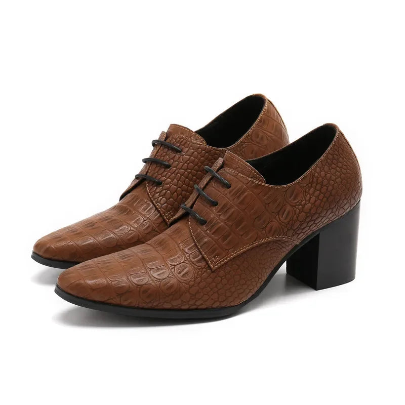 Handmade Man Office Crocodile Pattern High Heel Shoes Lace Up Business Party Dress Shoes Wedding Pointed Toe Cow Leather Shoes - Sun Studio