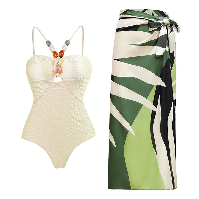 2024 Sexy Women's Swimsuit with Skirt One-Piece Swimwear Vintage Ruffle V Neck Cover Up Bikinis Set Beachwear Bathing Suit - Sun Studio