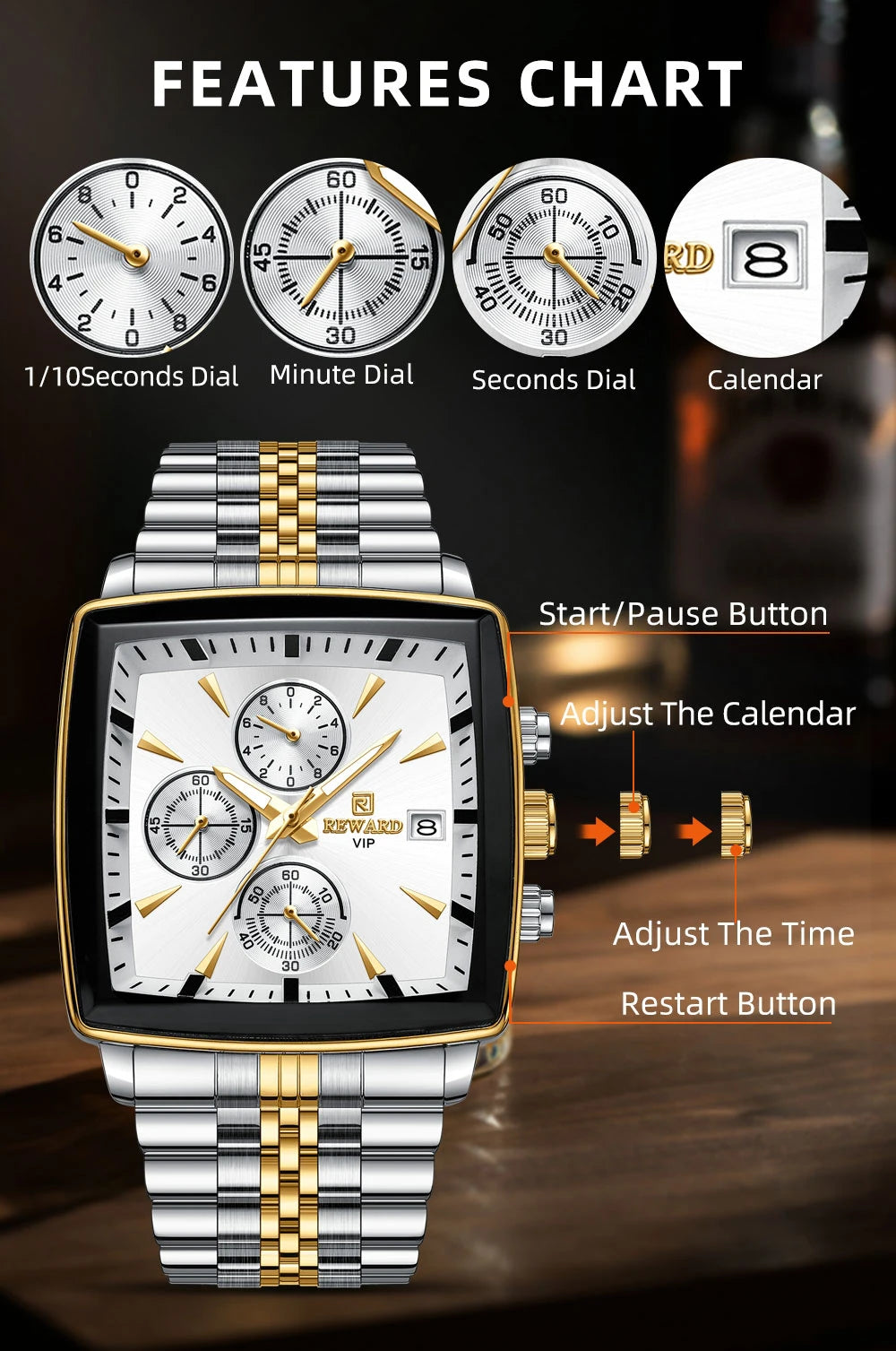 REWARD Fashion Square Dial Watch for Men Stainless Steel Waterproof Quartz Chronograph Mens Watches Luxury Sport Male Clock - Sun Studio