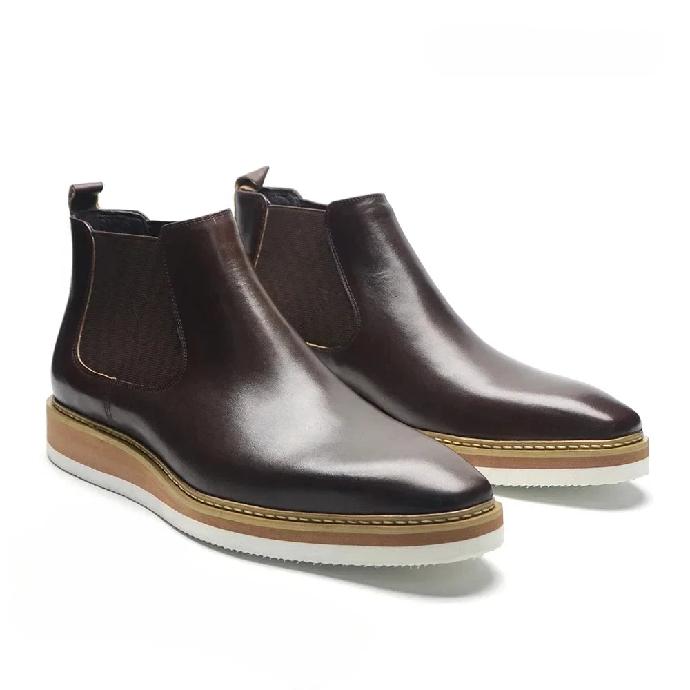 Britischer Stil Kuh Echtes Leder Herren Chelsea Stiefeletten Slip-On Elastisches Band Hohe Sneakers Freizeit Dress Boots für Männer