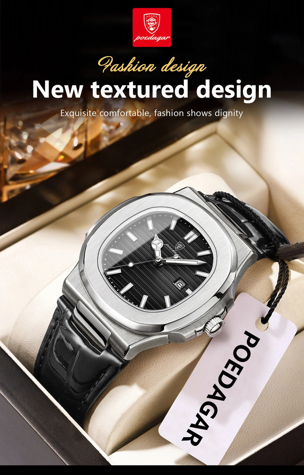 POEDAGAR Original Fashion Men's Wristwatch Date Waterproof Luminous Leather Watches For Men High Quality Square Quartz Man Watch - Sun Studio