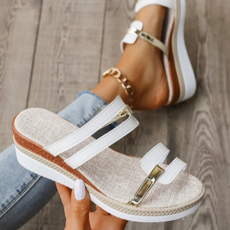 Summer Casual Color Blocking Sandals for Women Fashion Solid Comfortable Soft Leather Thick Soled Slope Woven Straw Sandals - Sun Studio