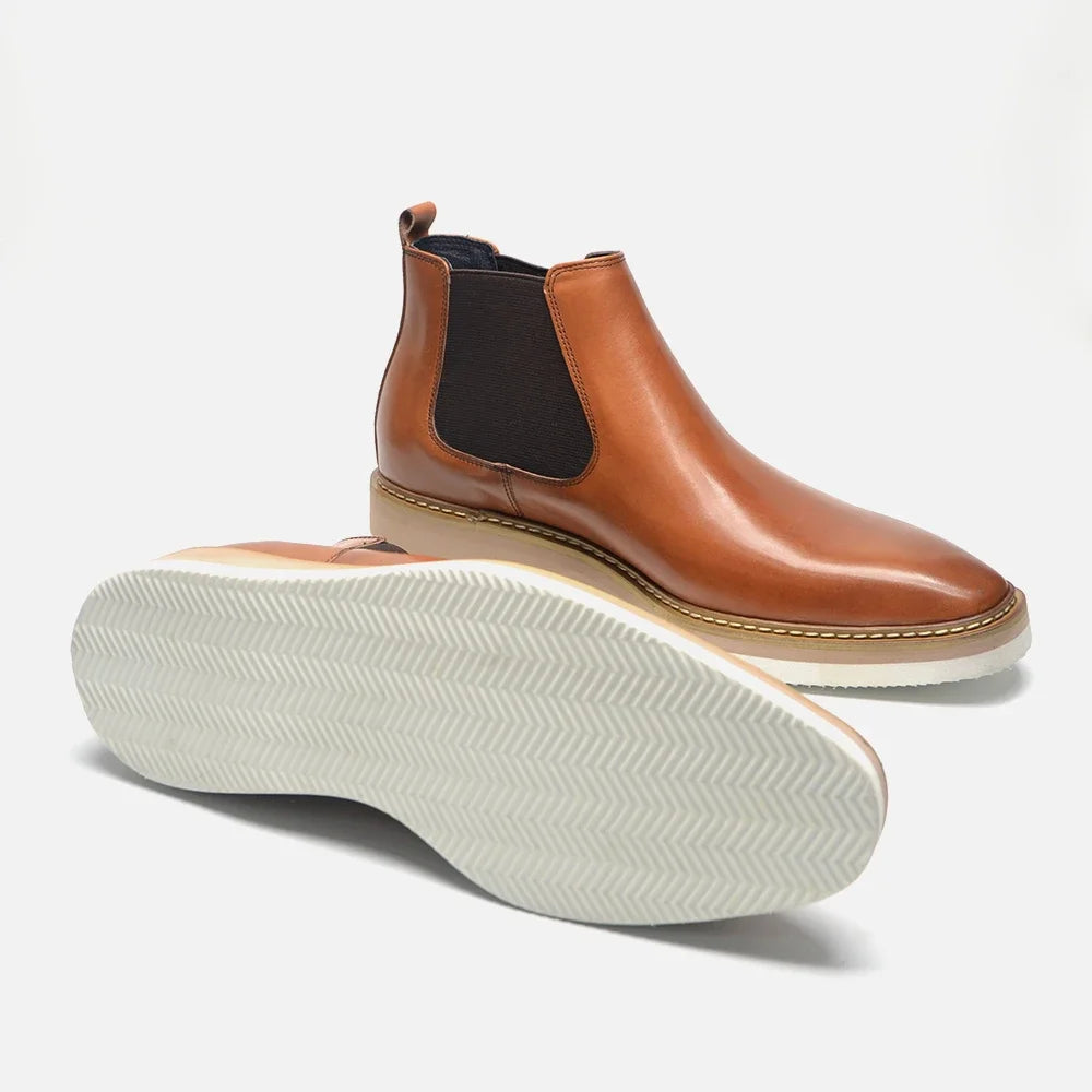 Britischer Stil Kuh Echtes Leder Herren Chelsea Stiefeletten Slip-On Elastisches Band Hohe Sneakers Freizeit Dress Boots für Männer