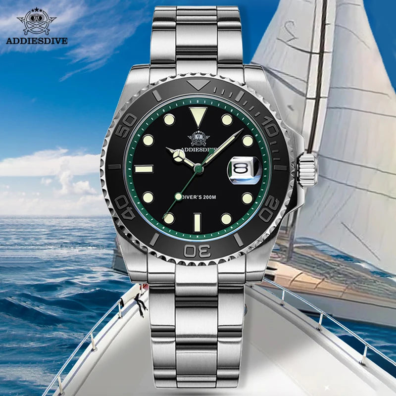 ADDIESDIVE Luxury Men's Diver Watch 200m Stainless Steel Bezel BGW9 Super Luminous Men's Analog Business Quartz Watches AD2040 - Sun Studio