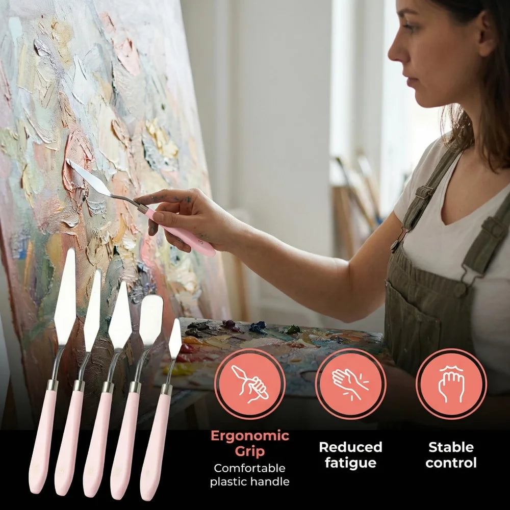 5Pcs Blue Palette Knife Set, Stainless Steel Oil Painting Scrapers, Watercolor Acrylic Paint Mixing Knives, Professional Art - Sun Studio