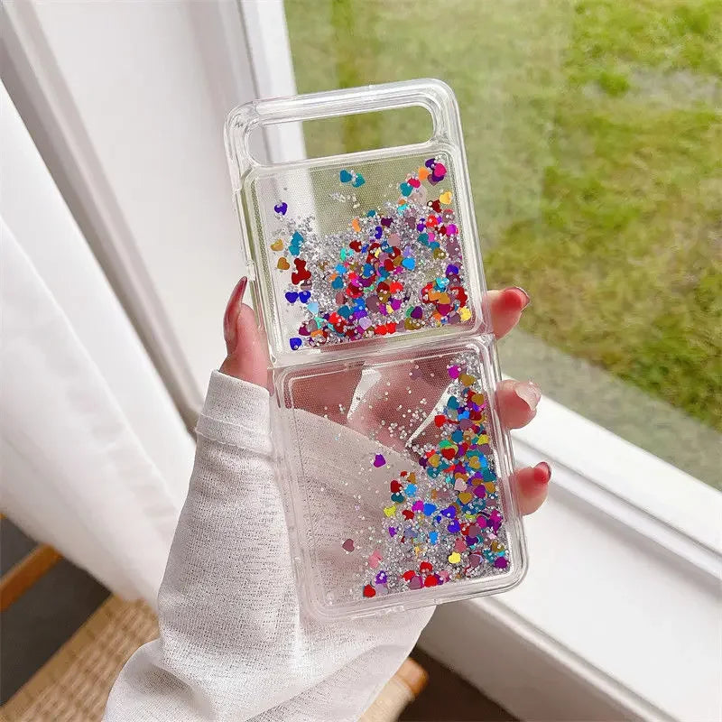 for Samsung Z Flip 7 Luxury Glitter Quicksand Case For Samsung Galaxy Z Flip 7 6 5 4 3 ZFlip 7FE Gradient Love Heart Bling Cover - Sun Studio