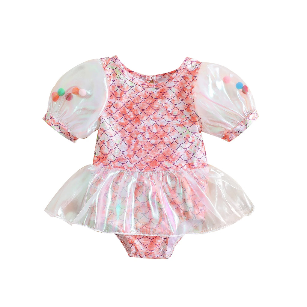 FOCUSNORM 1-5Y Kids Girls Summer Swimsuit Mermaid Skin Printed Mesh Patchwork Short Puff Sleeve Jumpsuits Beachwear - Sun Studio