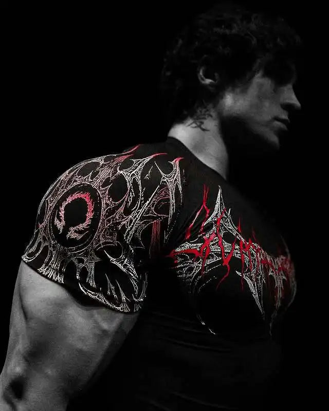 GYM T-shirt Men's Dark Gothic Print Muscle Tee  High Elasticity And Quick Drying Exercise For Bodybuilding Training 2026 Summer - Sun Studio