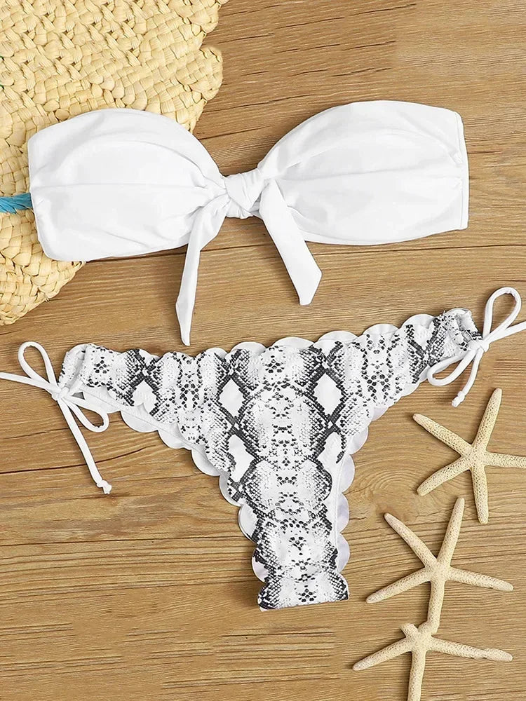 Sexy Scalloped Marble Print Bikini Women Bandeau Swimwear Female Swimsuit Two-pieces Bikini set Knotted Bather Bathing Suit Swim - Sun Studio