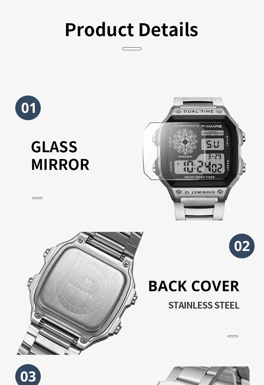 PANARS Top Luxury Stainless Steel Strap Sport Watches Mens Waterproof Back Light Digital Wristwatch Male Alarm - Sun Studio