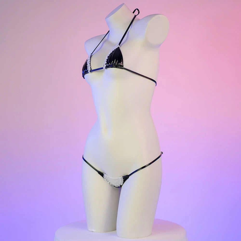Sexy Maid Cosplay Bikini Leather Bra With Lace Underwear Lingerie Swimsuit Low Waist Bikinis Sets Beach Swimwear - Sun Studio