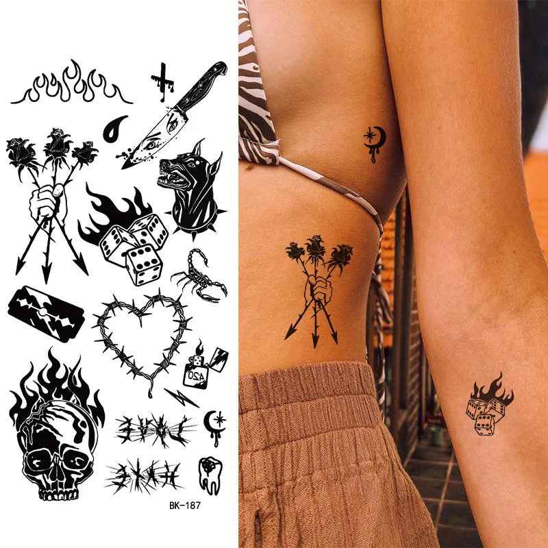 Schwarz Weiß Temporäre Transfer Tattoos Florale Schmetterlinge Schriftzüge Linienkunst Wasserfeste Körperaufkleber für Musikfestival Party
