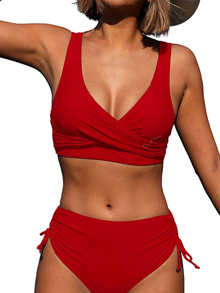 Drawstring High Waist Bikini 2023 Women Solid Swimwear Female Cross Front Swimsuit Padded Beachwear Bather Bathing Swimming Suit - Sun Studio