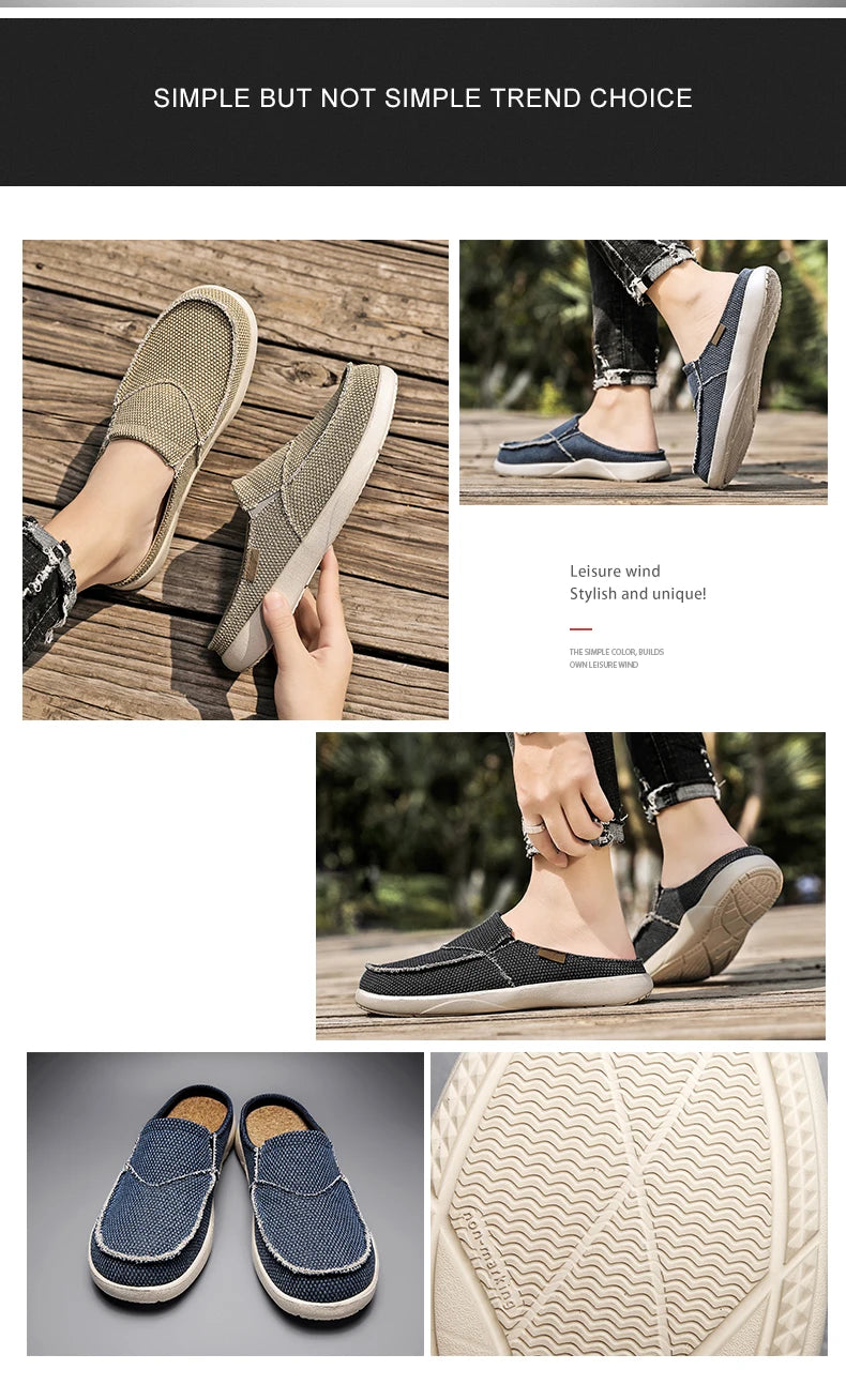 Casual Slip on Mens Shoes Outdoor Walking Comfortable Canvas Slippers Korean Trend Baotou Half Drag Slides Zapatillas Hombre - Sun Studio