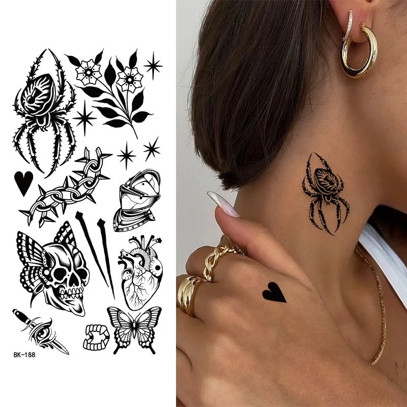 Schwarz Weiß Temporäre Transfer Tattoos Florale Schmetterlinge Schriftzüge Linienkunst Wasserfeste Körperaufkleber für Musikfestival Party