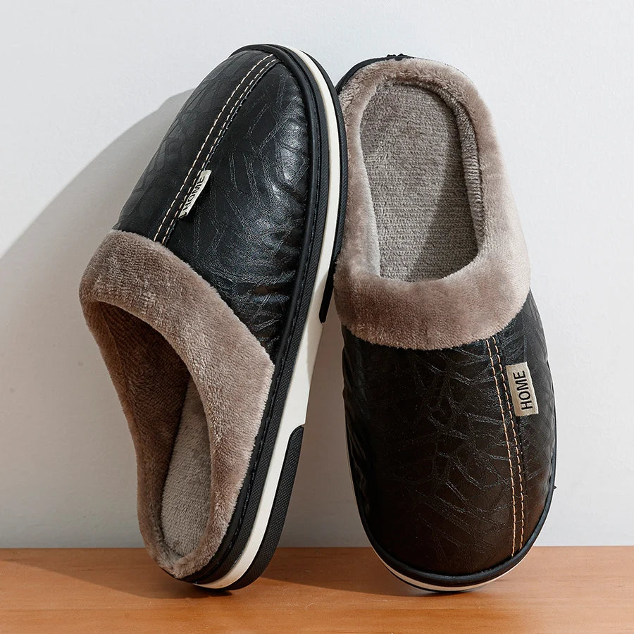 PU Leather Big Sizes Men slippers Indoor Waterproof Fur Flat Men's Winter Home Slipper Cotton Bedroom Houseshoes - Sun Studio