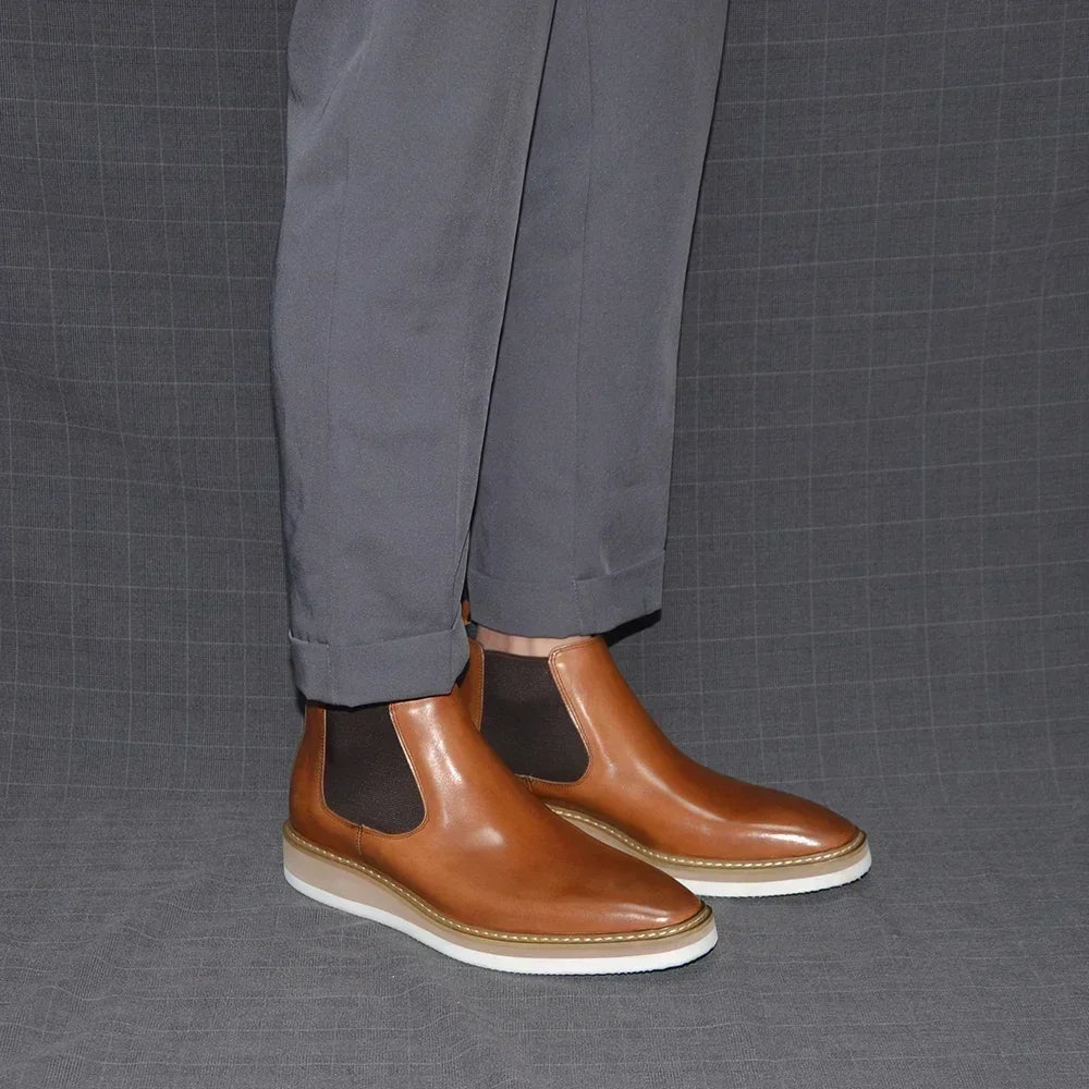British Style Cow Genuine Leather Men's Chelsea Ankle Boots Slip-on Elastic Band High Top Sneakers Casual Dress Boot for Men - Sun Studio
