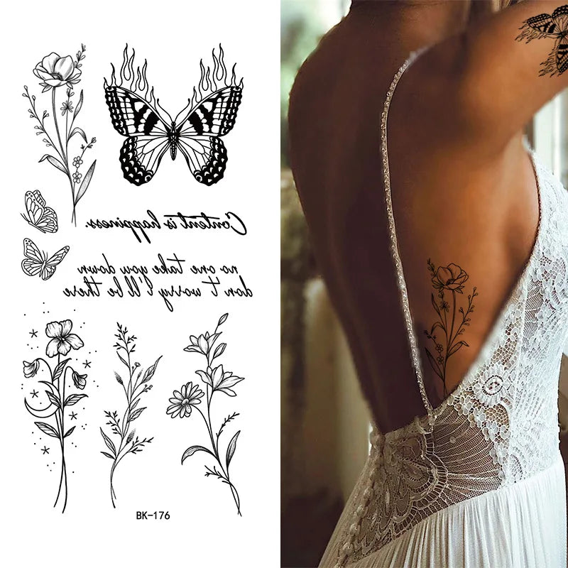Schwarz Weiß Temporäre Transfer Tattoos Florale Schmetterlinge Schriftzüge Linienkunst Wasserfeste Körperaufkleber für Musikfestival Party