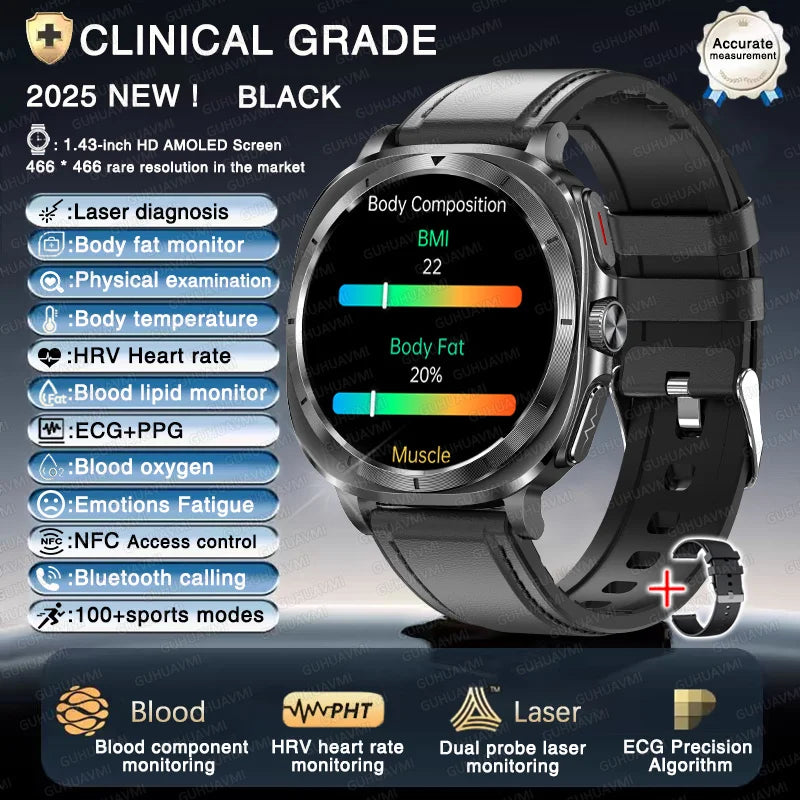 New ECG Laser Diagnosis Blood pressure Smart Watch Accurate Uric Acid Lipid Organ monitor Clock NFC Call Health Men Watches 2025 - Sun Studio