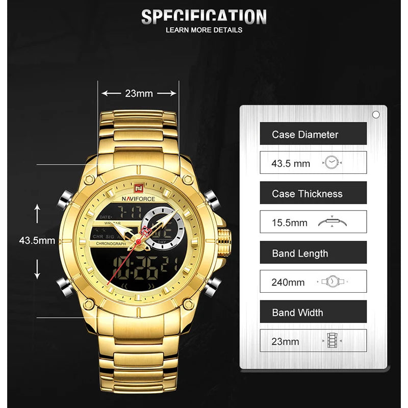 Luxury Brand NAVIFORCE Sport Watches For Men Fashion Gold Quartz WristWatch Steel Band Digital Chronograph Waterproof Clock 9163 - Sun Studio