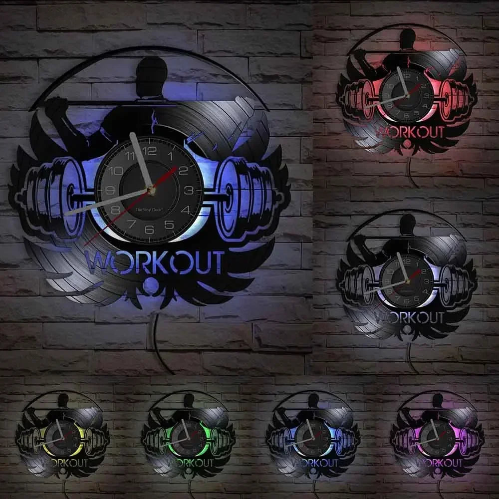 Fitness Equipment Thema Vinyl Schallplatte Fitness Wanduhr Heimdekoration LED Hintergrundbeleuchtung Moderne Fitness Uhr