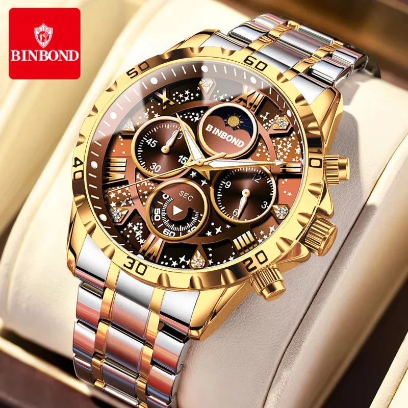 BINBOND Luxury Fashion Men Watches Multi-functional Stainless Steel Original Quartz Wristwatch Moon Phase Chronograph Waterproof - Sun Studio