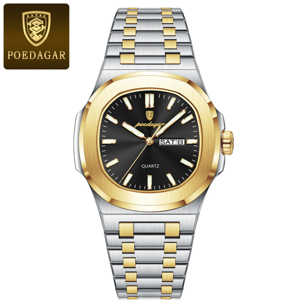 POEDAGAR Luxus Quadratische Herrenuhren Wasserdicht Leuchtende Datum Woche Herren Uhr Edelstahl Mode Quarz Herren Armbanduhr Reloj