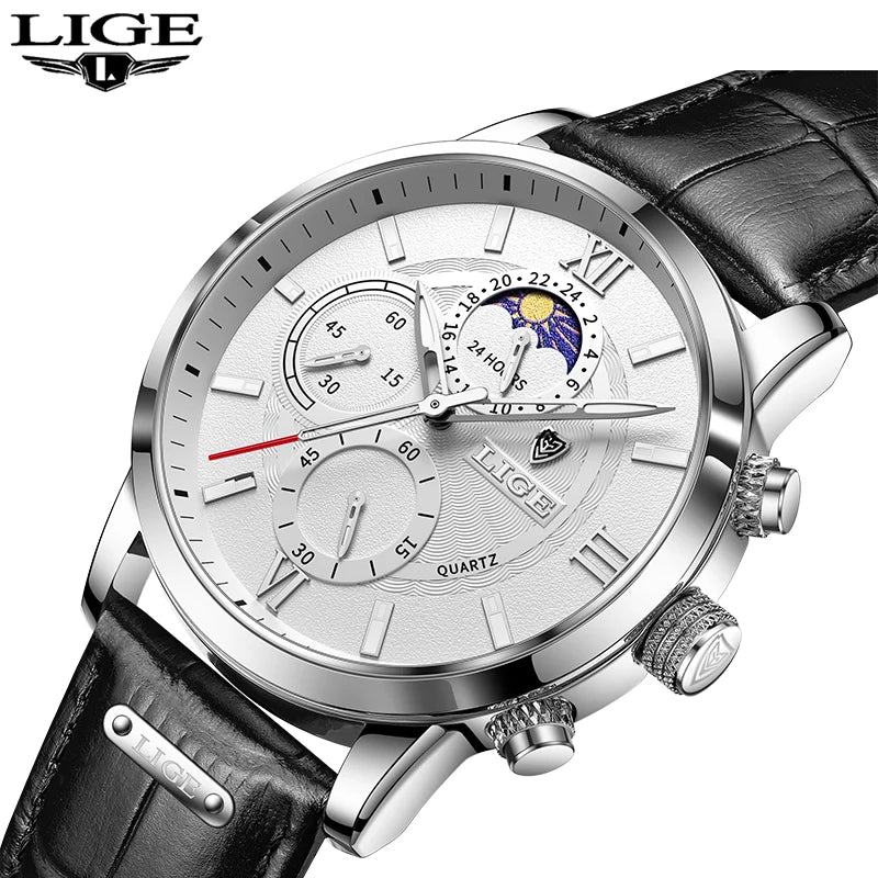 LIGE 2024 Brand New Men's Watches Leather Chronograph Waterproof Sports Automatic Date Quartz Watches for Men Relogio Masculino - Sun Studio