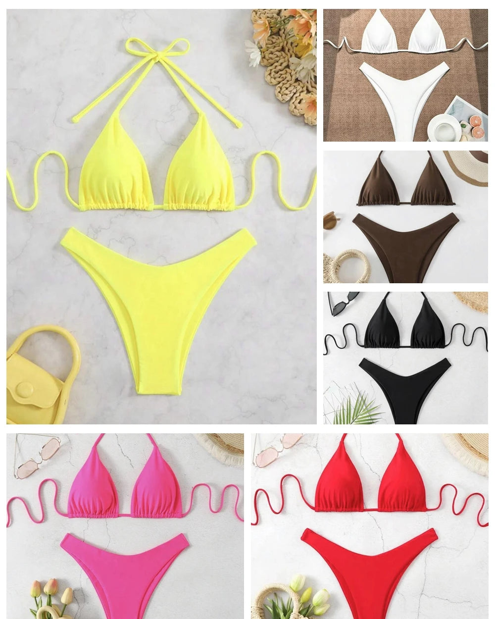 New Halter Bikini Women Solid Color Two-Piece Set Sexy Split Swimsuit Yellow Red Black Coffee White Pink Lace Up Bathing Suit - Sun Studio