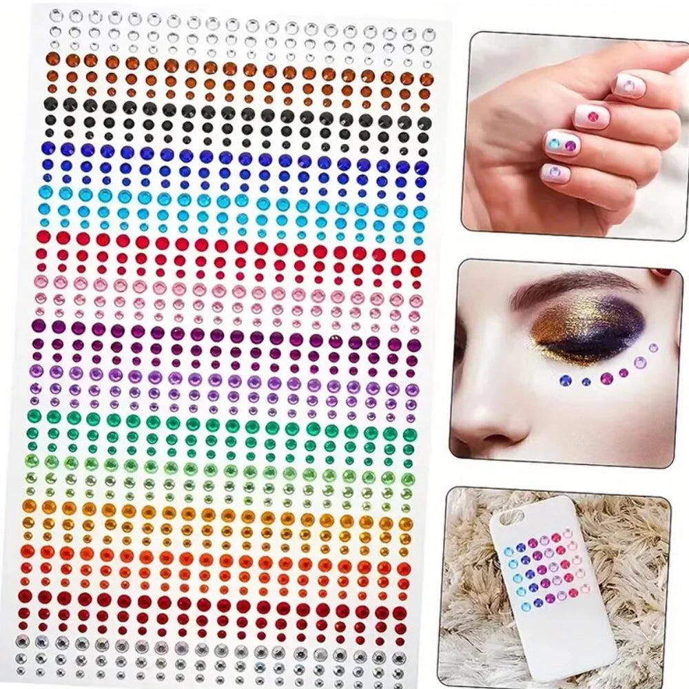 1sheet 900pcs Rainbow Face Glittle Gem Stickers Stick-On Facial Tattoo Eye Rhinestone Jewels 3/4/5mm Mix Wedding Party Make Up - Sun Studio