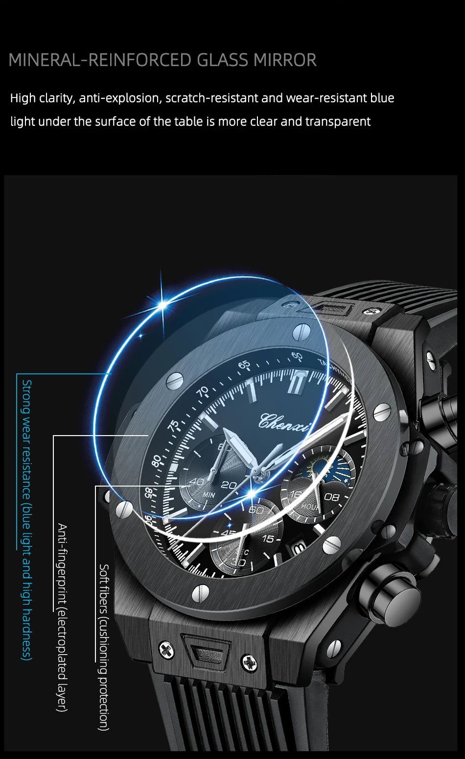CHENXI Top Brand Luxury Watches for Mens Creative Fashion Luminous Dial with Chronograph Clock Male Casual Wristwatches - Sun Studio