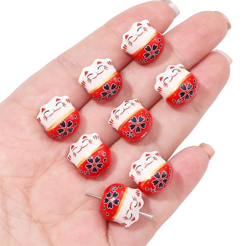 10Pcs 13X14MM Chinese Cute Animal Lucky Cat Vertical Hole Ceramic Beads For Home Decor DIY Accessories Hand-knitted Bracelet - Sun Studio