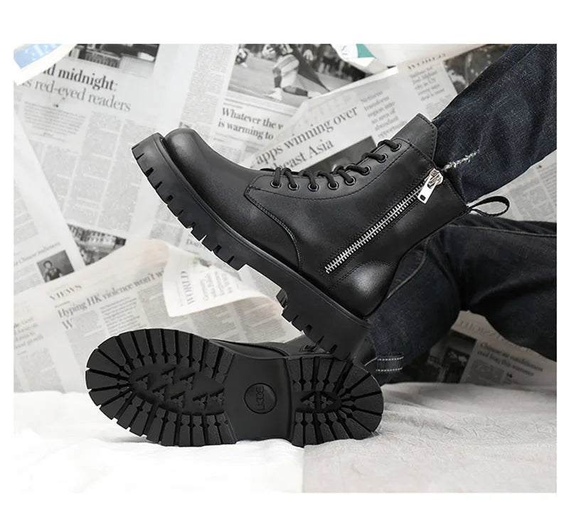 2025 Autumn Winter Shoes Men Leather Boots Thick Sole Non-slip Warm Plush Cold Winter Cow Leather Male Ankle Botas Black KA4867 - Sun Studio