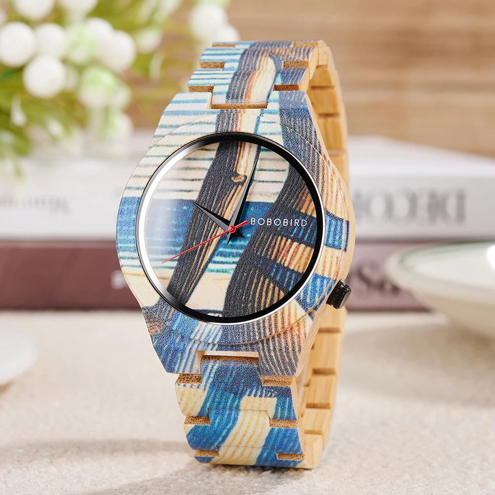 Men's Watches BOBO BIRD Bamboo Quartz Watch Pattern Printing Colorful Wooden Wristwatch 2025 New - Sun Studio