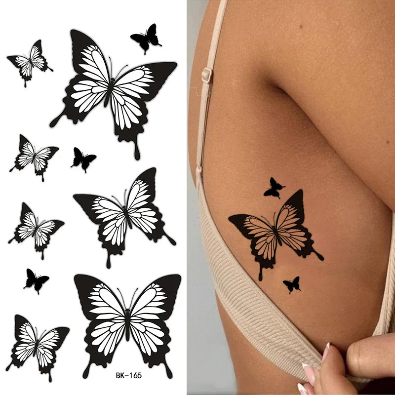 Schwarz Weiß Temporäre Transfer Tattoos Florale Schmetterlinge Schriftzüge Linienkunst Wasserfeste Körperaufkleber für Musikfestival Party