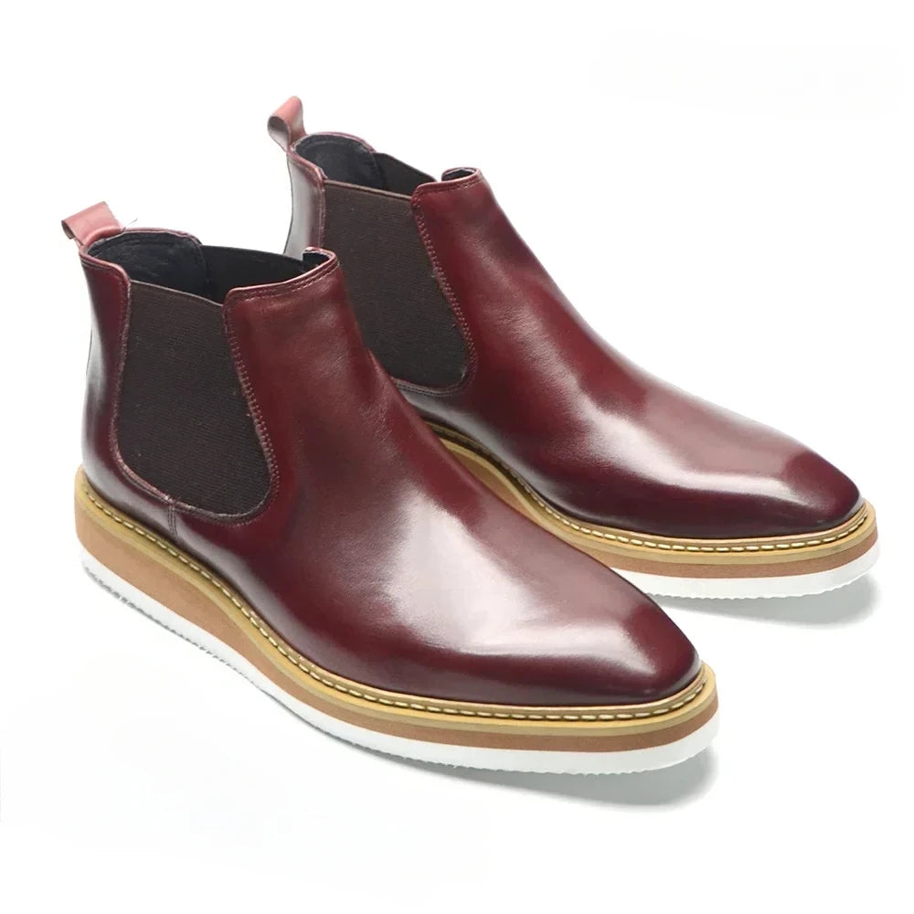 Britischer Stil Kuh Echtes Leder Herren Chelsea Stiefeletten Slip-On Elastisches Band Hohe Sneakers Freizeit Dress Boots für Männer