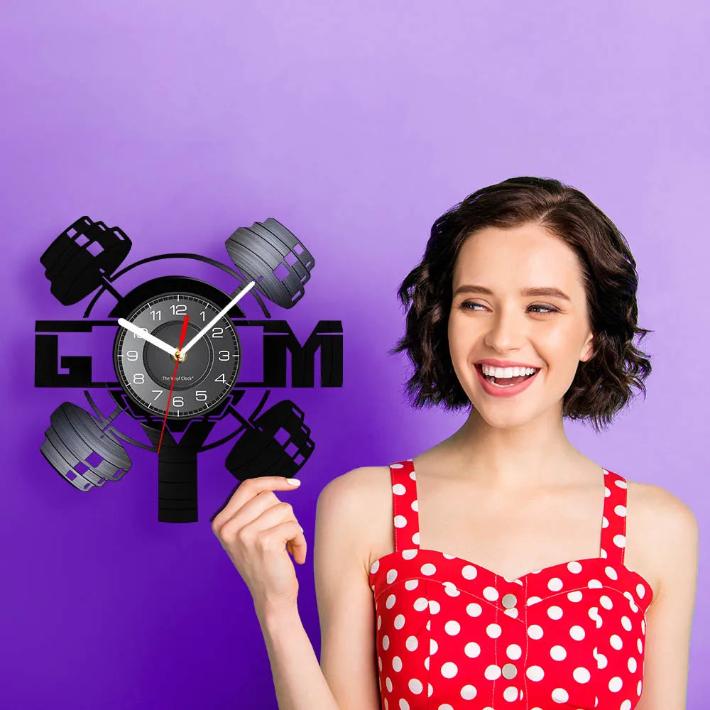 Fitness Equipment Thema Vinyl Schallplatte Fitness Wanduhr Heimdekoration LED Hintergrundbeleuchtung Moderne Fitness Uhr