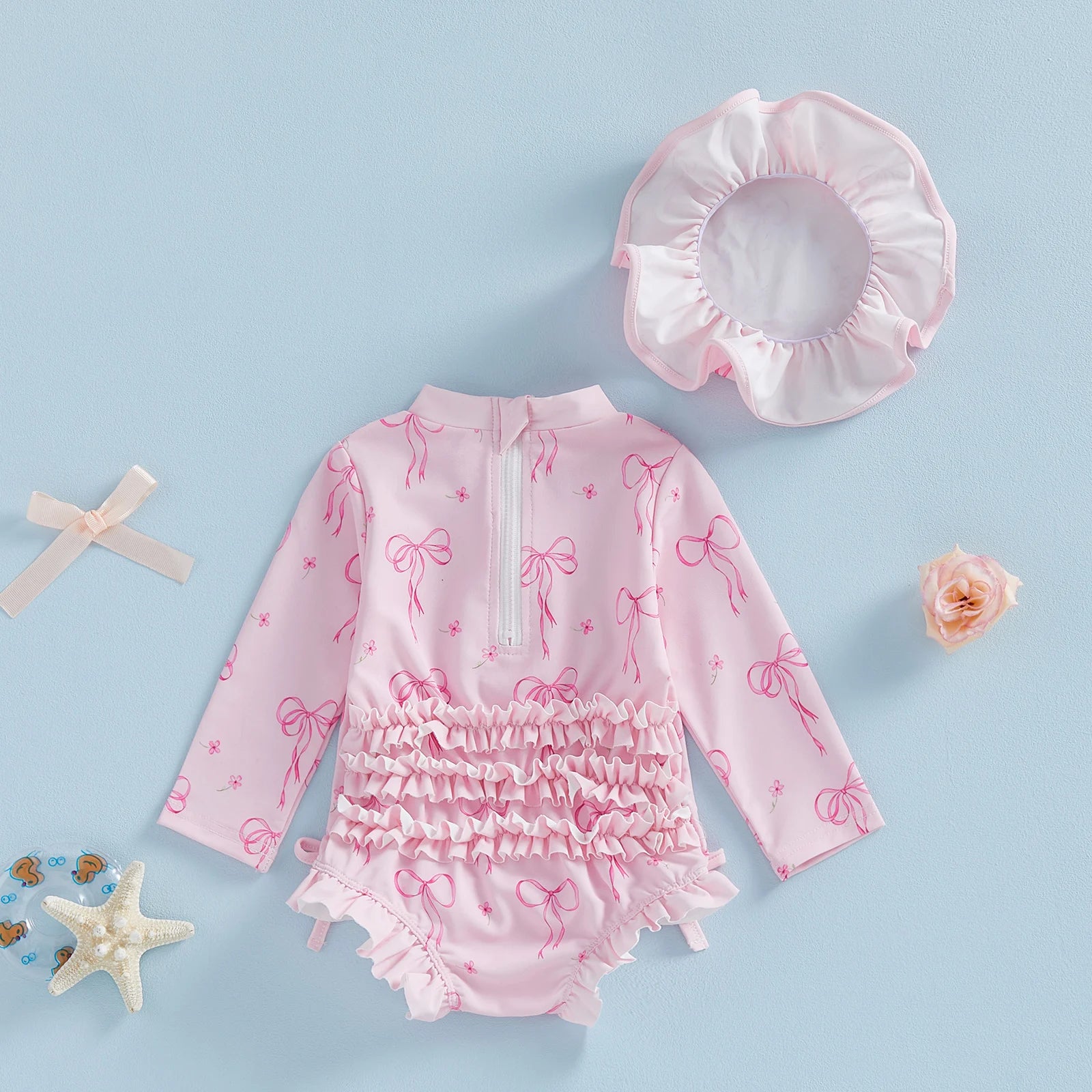 Toddler Baby Girl Rash Guard Swimsuit Bow Print Ruffled Long Sleeve Round Neck Beachwear Jumpsuit and Hat Swimwear 2Pcs Set - Sun Studio