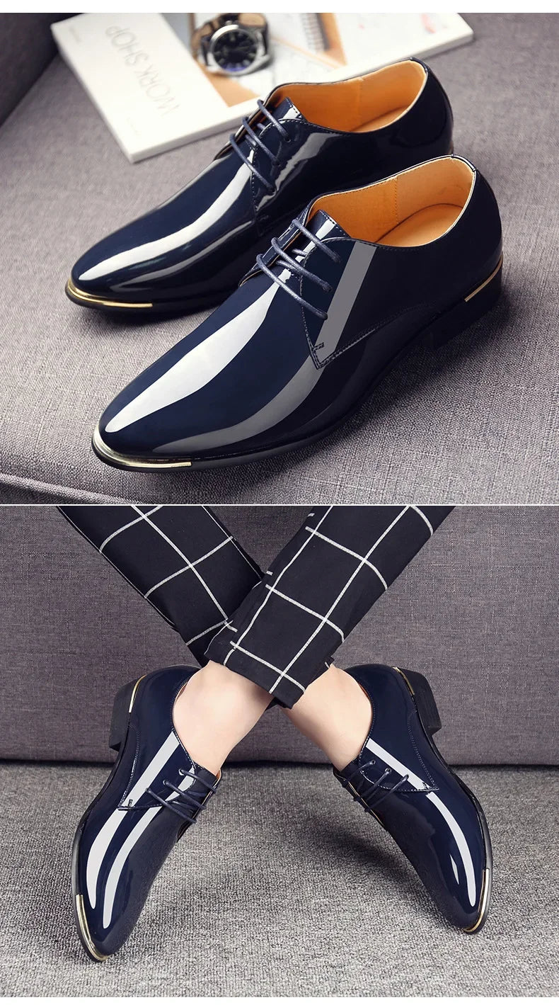 2024 New Men’s Patent Leather Shoes  British Style Men's Dress Shoes Lace Up Pointed Toe Wedding Business Party Social Shoe Male - Sun Studio