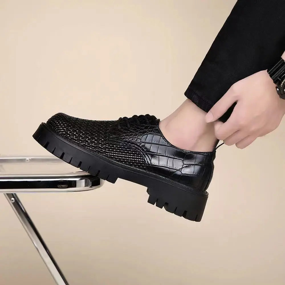 Spring leather woven leather wear-resistant thick-soled heightening casual men's first-layer cowhide breathable hollow shoes - Sun Studio