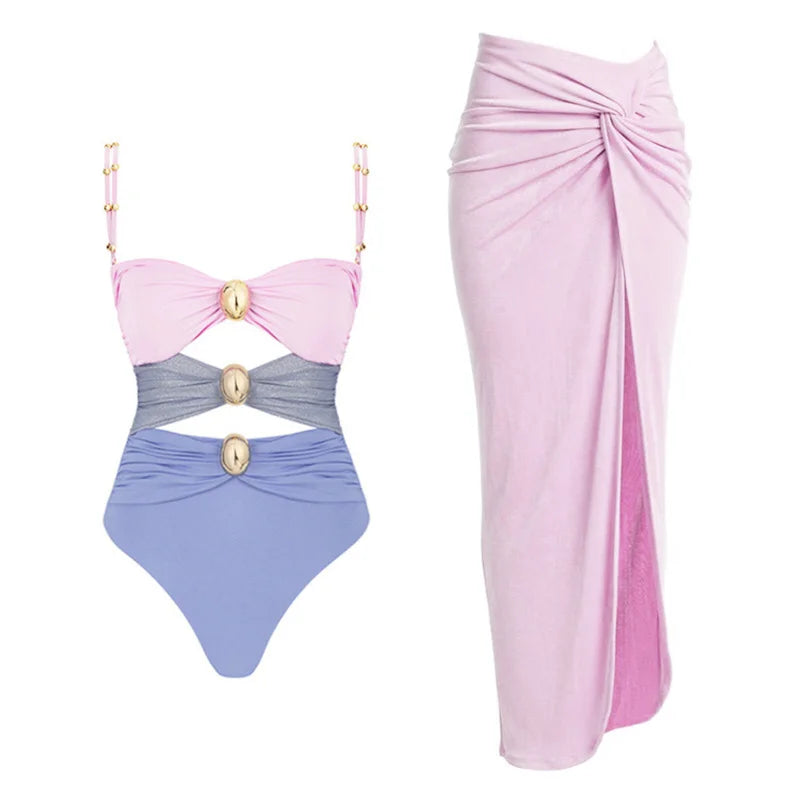 2024 Sexy Damen Badeanzug mit Rock Einteiler Badebekleidung Vintage Rüsche V-Ausschnitt Cover Up Bikinis Set Strandmode Badeanzug
