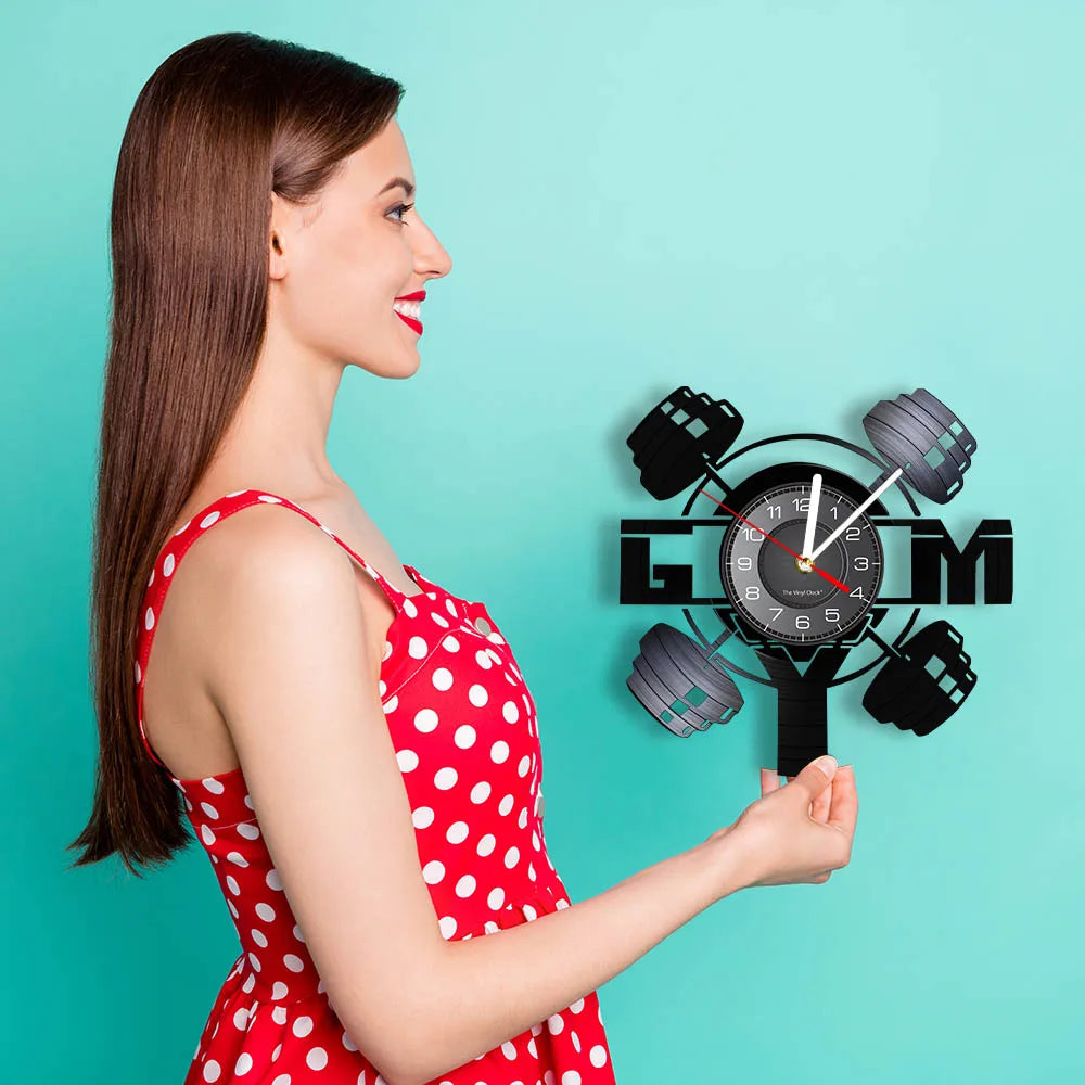 Fitness Equipment Thema Vinyl Schallplatte Fitness Wanduhr Heimdekoration LED Hintergrundbeleuchtung Moderne Fitness Uhr