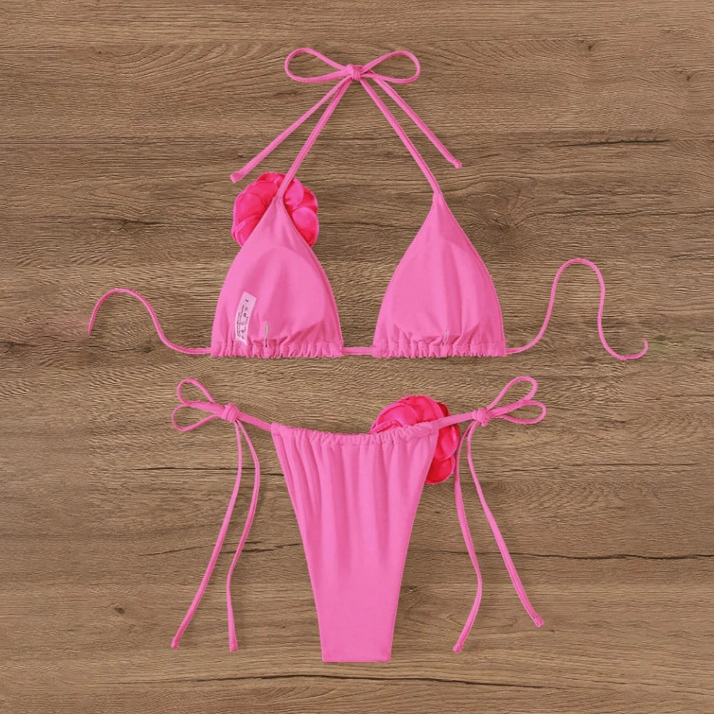Sexy Bikini Swimsuit Suit 3D Flowers Halter Strappy Bikini Women Swimwear Female Swimsuit 2pcs Bikini Set Bather Bathing Suit - Sun Studio