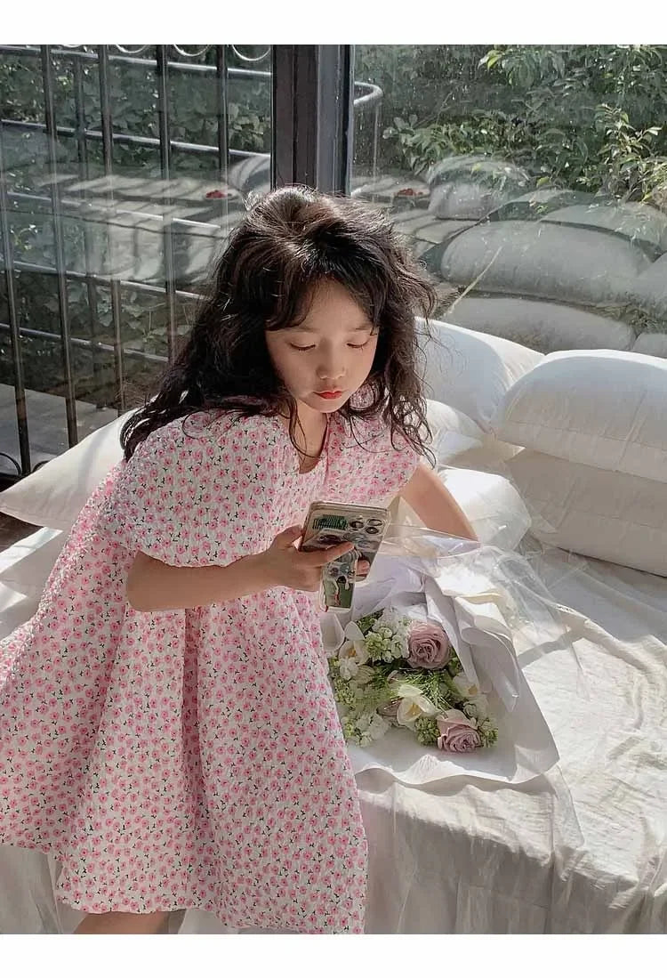 Girls Casual Dresses Floral Print Puffy Sleeves Dress Flower Girl Dresses Square Collar Clothes for Kids 3 To 7 Years - Sun Studio