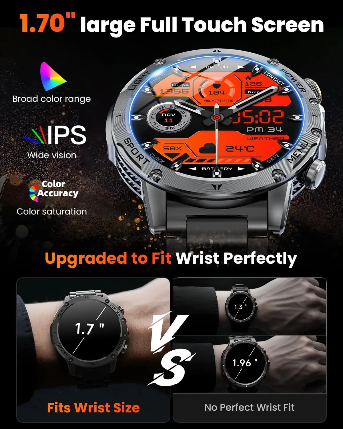 New Men Military Outdoor 1000mAh Battery Smart Watch GPS NFC Watches 3ATM Waterproof Swim 1.7-inch HD Bluetooth Call Smartwatch - Sun Studio