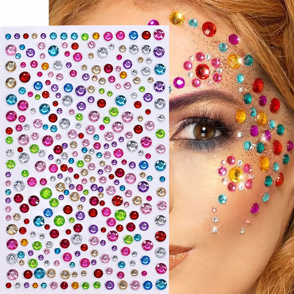 1sheet 900pcs Rainbow Face Glittle Gem Stickers Stick-On Facial Tattoo Eye Rhinestone Jewels 3/4/5mm Mix Wedding Party Make Up - Sun Studio