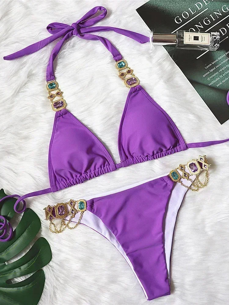 Halter Rhinestone Diamond Bikini Women Swimsuit Female Bikinis Metal Chain Swimwear Two Pieces Bikini Set Bathing Suit Swim Lady - Sun Studio